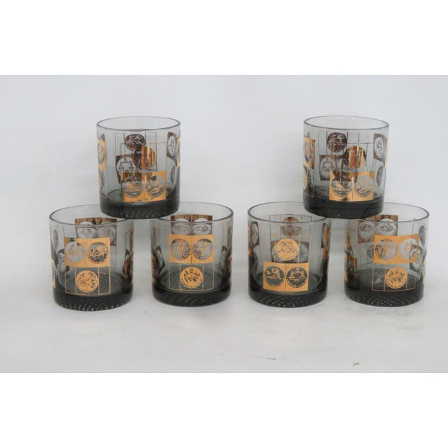 Mid 20th Century Coins of the World Lowball Bar Glass Set 6pc Black With 22k Gold Design 4920b For Sale - Image 5 of 13