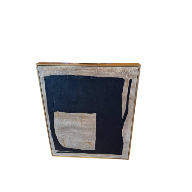 Sophisticated, one-of-a-kind original abstract painting featuring a dramatic composition of deep black, warm champagne,...