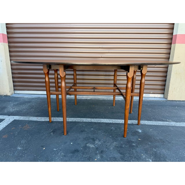 Wood Vintage Mid Century Modern Drop Leaf Oval Walnut Dining From Heritage Henredon For Sale - Image 7 of 8