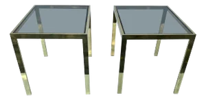 Milo Baughman Style Side Brass and Smoke glass side table - A Pair