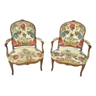 18th Century French Louis XV Needlepoint Fauteuil Armchairs - A Pair For Sale