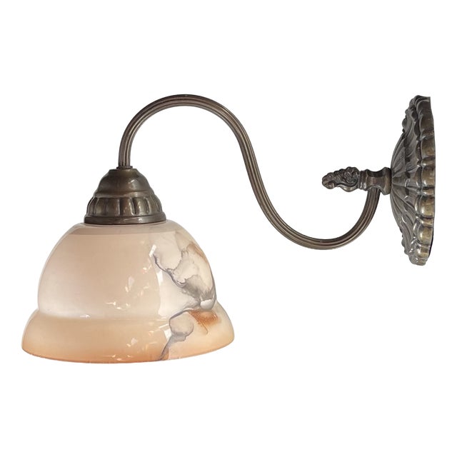 Danish Functionalist Wall Sconce in Brass & Salmon Marble Glass, 1940s For Sale