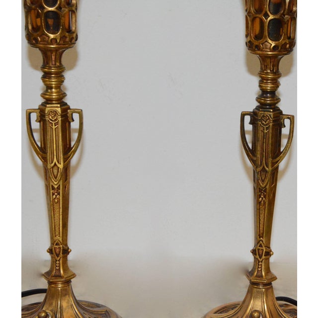 Pair of Art Deco Bronze Lamps With Iridescent Shades For Sale - Image 4 of 11