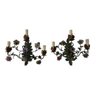 19th Century Big Italian Tole and Porcelain Flowers Polychrome Sconces 3 Lights For Sale