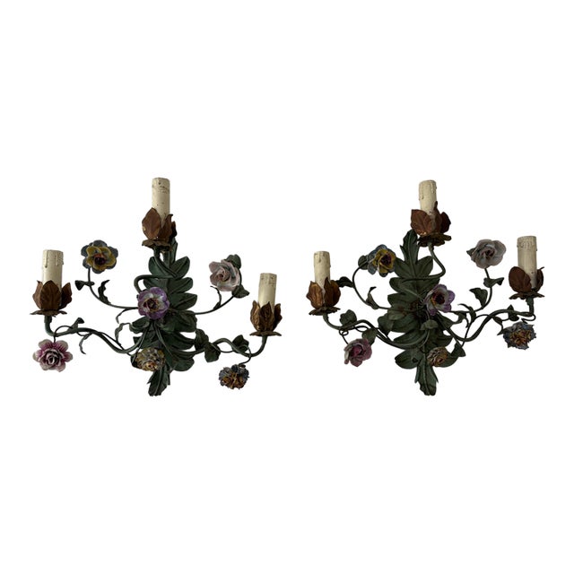19th Century Big Italian Tole and Porcelain Flowers Polychrome Sconces 3 Lights For Sale