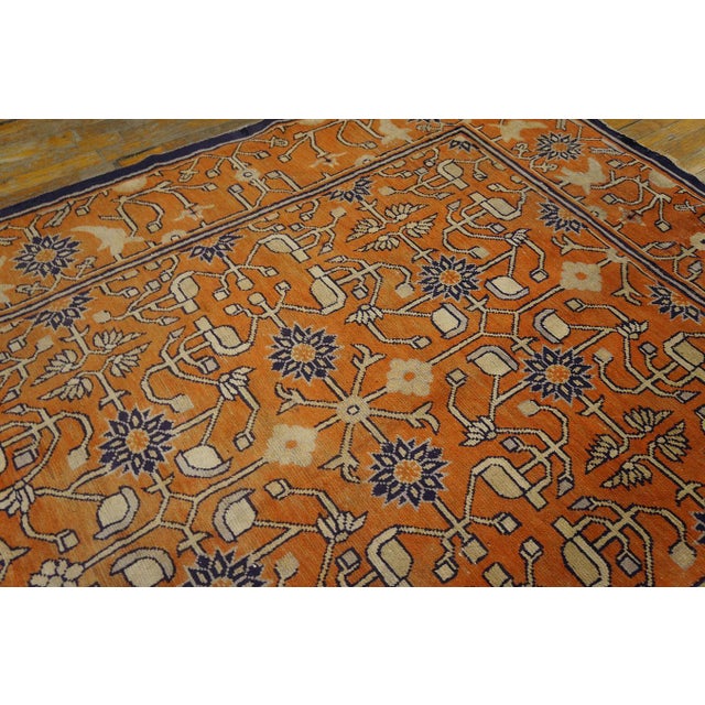 Chinoiserie Superb Persimmon Color and Navy Border With Chinoiserie Pattern Antique Chinese Kansu Rug For Sale - Image 3 of 11