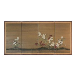 Mid 20th Century Japanese Silk Four-Panel Byobu Folding Screen