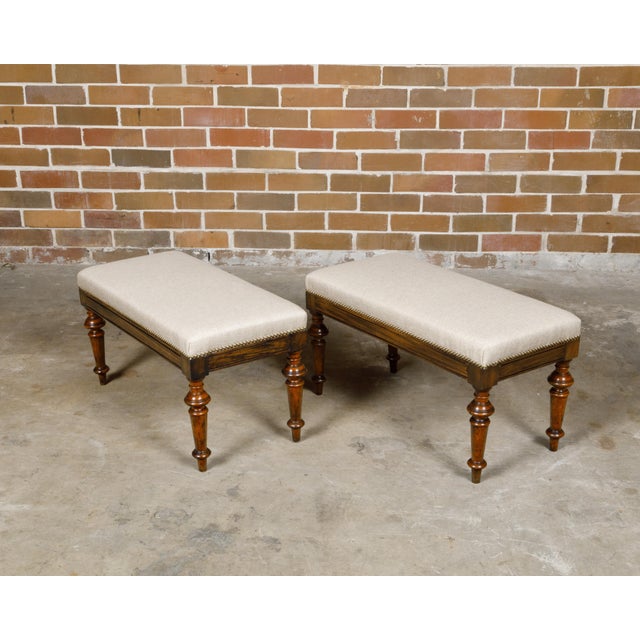 English Pair of English 19th Century Oak Stools with Turned Legs and Custom Upholstery For Sale - Image 3 of 12