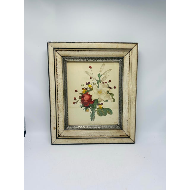 An elegant antique botanical print featuring a hand-colored bouquet of white lilies, a deep red rose, violets, and red...