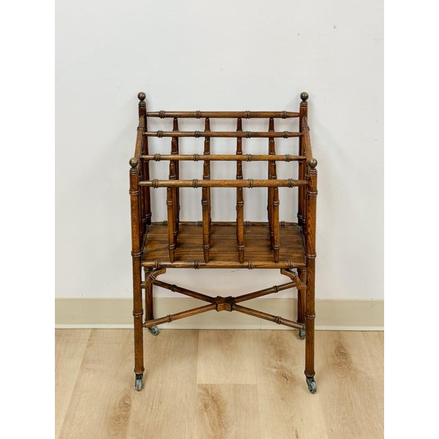 English Vintage Magazine Rack English Canterbury Dark Faux Bamboo Wheels Rare Find For Sale - Image 3 of 10