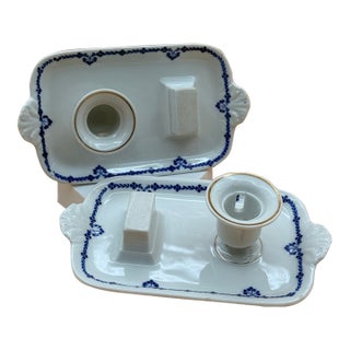 Pair of Antique German Porcelain Chambersticks With Match Holders & Strikers, Circa 1900 For Sale