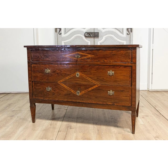 Wood Italian Neoclassical 18th Century Walnut, Mahogany and Ash Three-Drawer Chest For Sale - Image 7 of 12