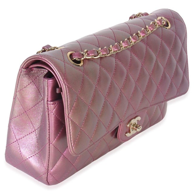Traditional Dark Pink Iridescent Quilted Lambskin Medium Classic Double Flap Bag For Sale - Image 3 of 9