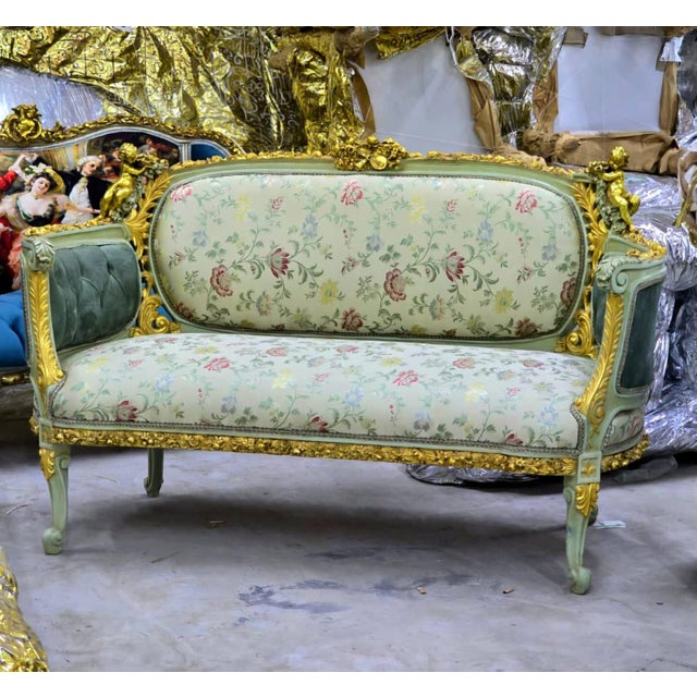 French Louis XV Romantic Sofa With Floral Damask Upholstery, Sage Green Velvet Panels, Cherubs & Hand-Gilded Gold Leaf Frame For Sale - Image 4 of 4