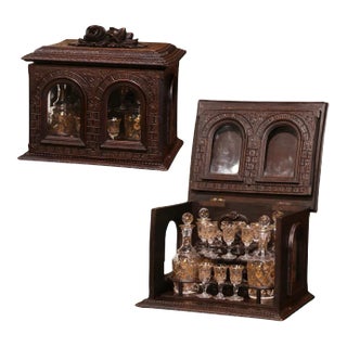 19th Century French Black Forest Walnut Cave À Liqueur With Gilt Crystal Service For Sale