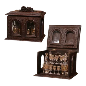 19th Century French Black Forest Walnut Cave À Liqueur With Gilt Crystal Service
