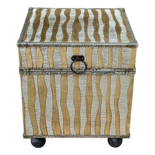 Sarreid Style Silver and Gold Tin Covered Trunk Drinks Table With Button Feet and Paper Lined Interior For Sale