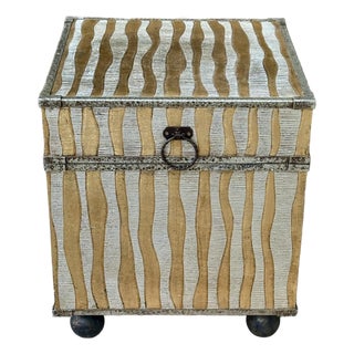 Silver and Gold Tin Covered Trunk Drinks Table With Button Feet and Paper Lined Interior For Sale