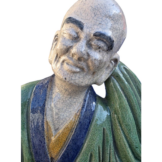 Ceramic Large Antique Chinese Shiwan Crackle Glazed Luohan (Arhat) Pottery Figure, Early 20th Century, 19.6" For Sale - Image 7 of 10