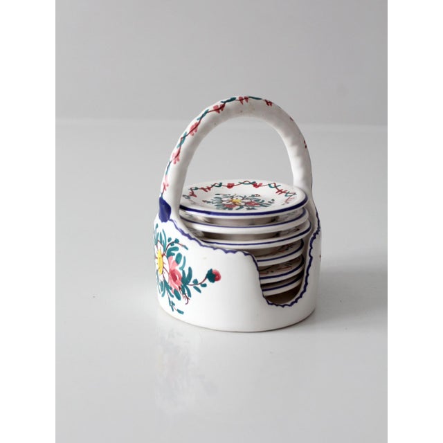 White Vintage Crespo Spanish Faience Coaster Set With Basket Holder For Sale - Image 8 of 15
