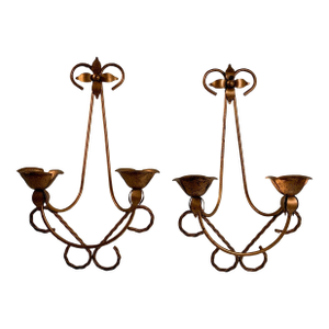 Pair of Vintage Wrought Iron Wall Candle Sconces – Bronze Patina