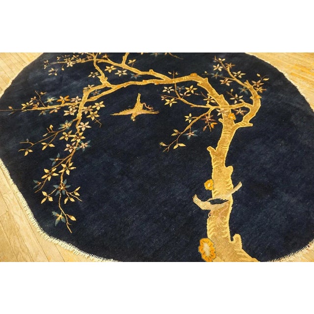 1920s 1920s Navy Blue Birds Flowers Art Deco Antique Oval Chinese Peking Wool Rug For Sale - Image 5 of 15