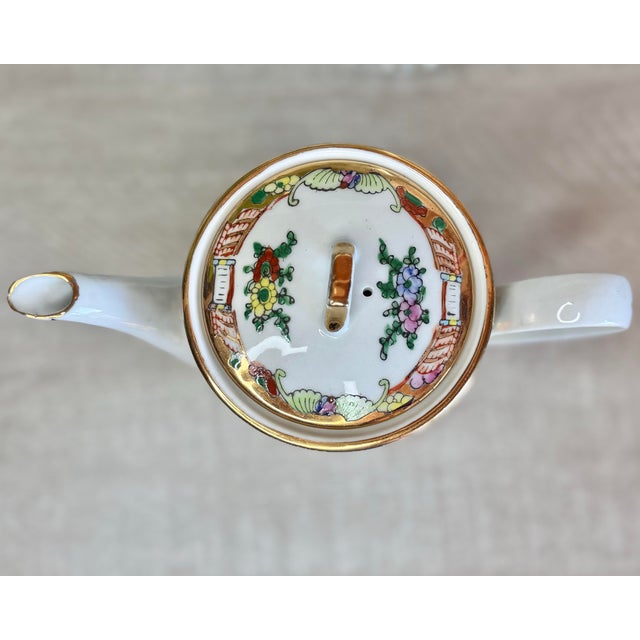 Ceramic Vintage Lotus Bloom Famille Rose With Gilded Accents Hand Painted Canton-Guangcai Porcelain Chinese Tea Pot For Sale - Image 7 of 12