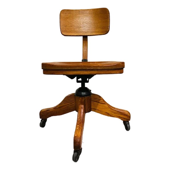 1930s Vintage Oak Stenographer Chair With Adjustable Back, Swivel Seat & Patented Base For Sale