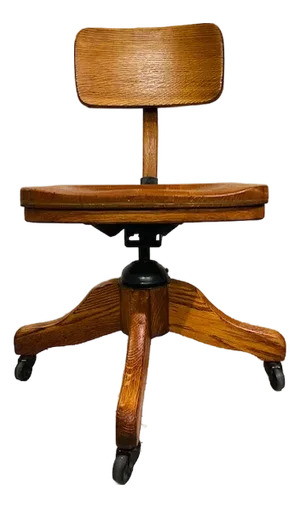 1930s Vintage Oak Stenographer Chair With Adjustable Back, Swivel Seat & Patented Base