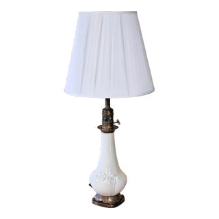 Mid-Century Modern Long Neck Bronze and Ceramic Table Lamp in Antique White With Shade For Sale