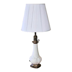 Mid-Century Modern Long Neck Bronze and Ceramic Table Lamp in Antique White With Shade