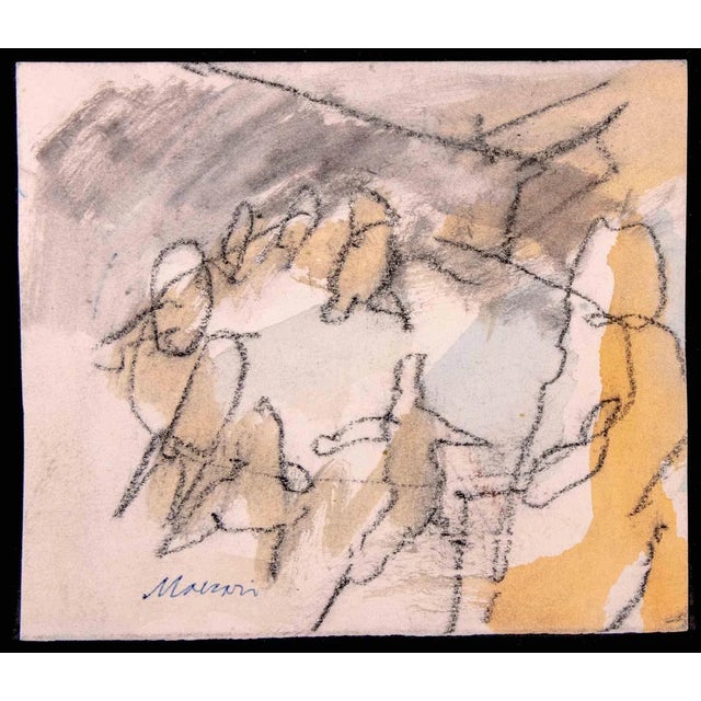 Mino Maccari, Figures, Pencil Drawing and Watercolour, 1980s For Sale