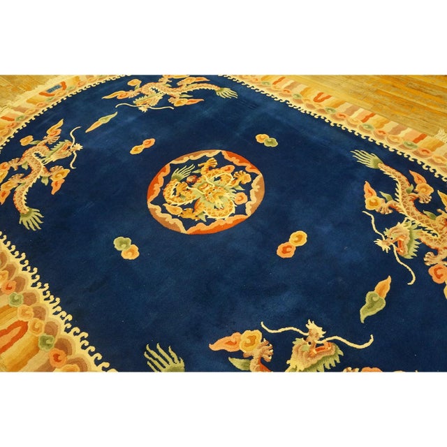 1980s Blue Dragon Modern Vintage Chinese Art Deco Carpet Knotted Wool Oval Rug For Sale - Image 4 of 9