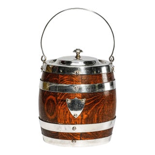 Charming Antique English Silverplate Dark Oak Biscuit Jar With Porcelain Lining Shield Home Decor For Sale