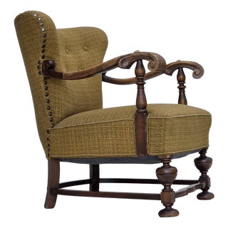 Danish Armchair in Green Furniture Wool and Oak Wood, 1960s For Sale