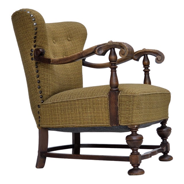 Danish Armchair in Green Furniture Wool and Oak Wood, 1960s For Sale