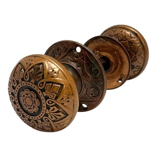 1870s American Bronze Door Knobs With Rosettes- 5 Pieces For Sale