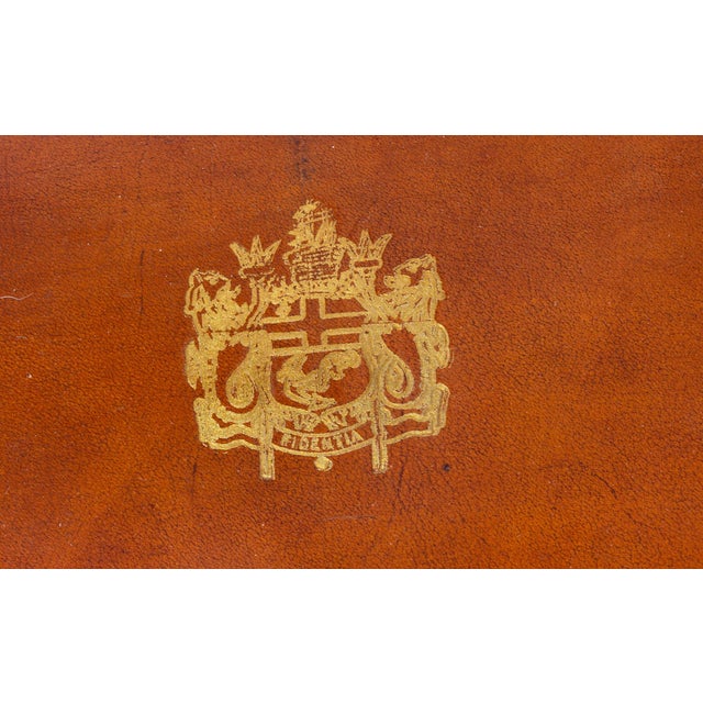 Fine large leather domed box. Decorated with gold gilded coat of arms. Italian. Mid 20th century. Hand made.