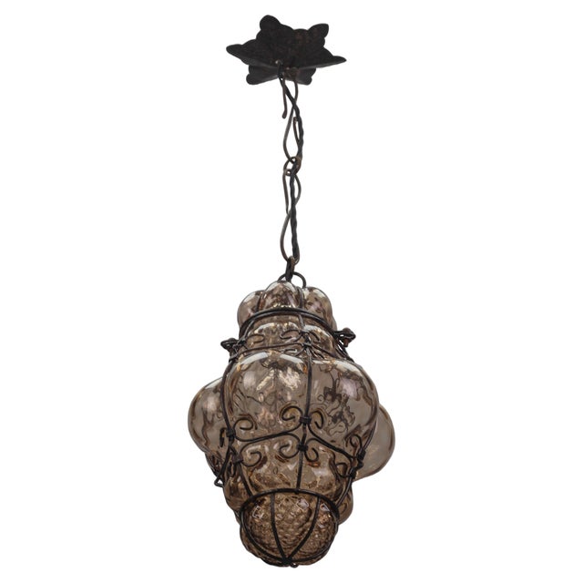Italian Venetian Amber Smoke Coloured Clear Murano Glass Caged Hanging Lantern, 1950s For Sale