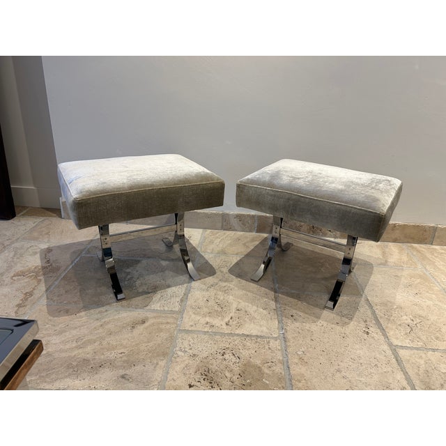 1970s Pair of Accent Stools, Ottomans in Chromed Steel & Velvet For Sale - Image 11 of 14