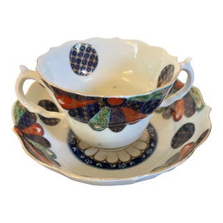 Antique 18th Century Worcester Porcelain Imari Chocolate or Caudle Cup & Saucer in the Japan Fan Pattern Circa 1765 - 1775 For Sale