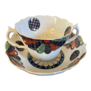 Antique 18th Century Worcester Porcelain Imari Chocolate or Caudle Cup & Saucer in the Japan Fan Pattern Circa 1765 - 1775