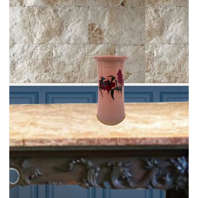 Japanese Vintage Pottey Cylinder Vase Floral Motif For Sale - Image 3 of 17