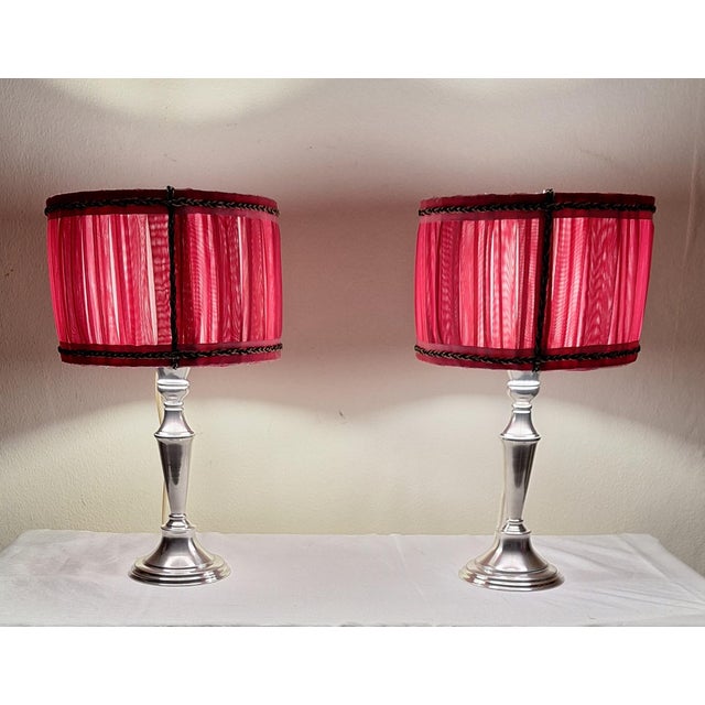 Vintage Table Lamps with Silver-Plated Candlestick Base and Fabric Shade, 1970s, Set of 2 For Sale - Image 11 of 11