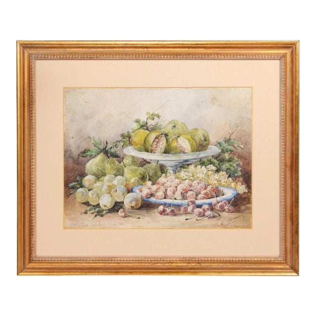 19th Century French Fruit Still Life Watercolor Painting Signed E Calmant, Framed For Sale