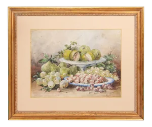 19th Century French Fruit Still Life Watercolor Painting Signed E Calmant, Framed