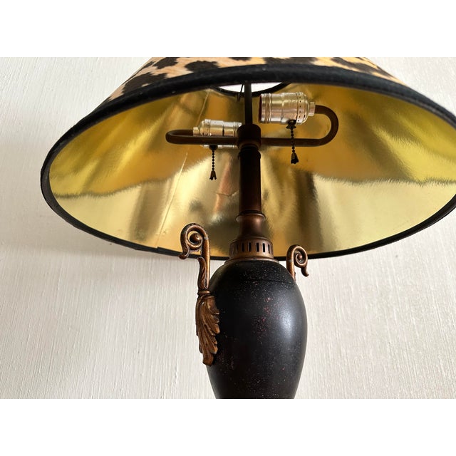 Traditional Vintage Black Metal Urn Lamp With Leopard Print Shade For Sale - Image 3 of 12