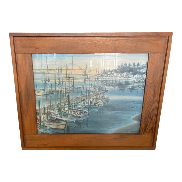 1974 Mel Vincent Print of Boats in a Harbor With a Bridge in the Background. For Sale