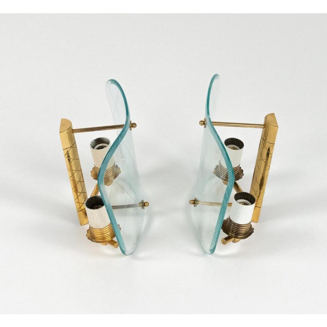 Mid-Century Brass & Curved Glass Sconces in the style of FontanaArte, Italy, 1950s, Set of 3 For Sale - Image 15 of 18
