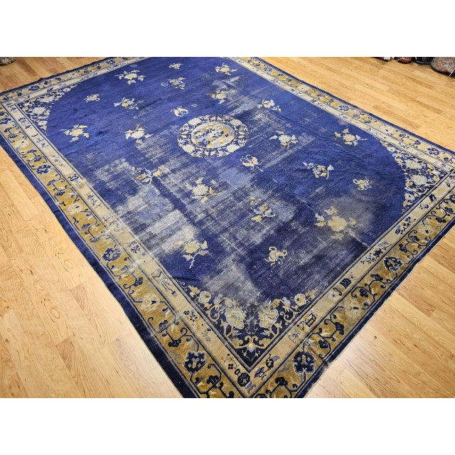 19th Century Chinese Peking Rug, Handwoven Wool, Indigo & Yellow, 10' X 14' For Sale - Image 12 of 12